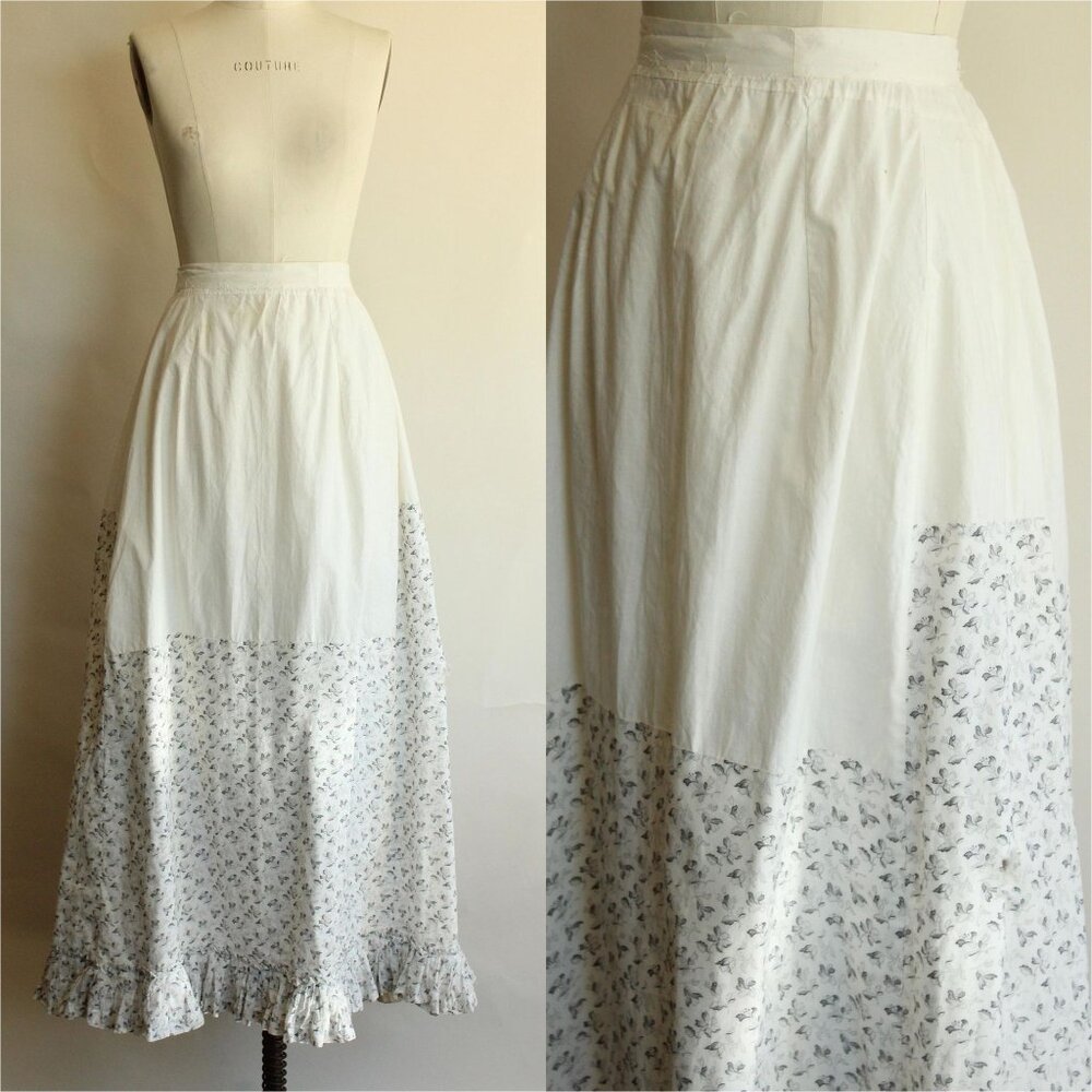 Vintage Antique 1890s Skirt, Victorian Gray and White Floral Cotton with Ruffle